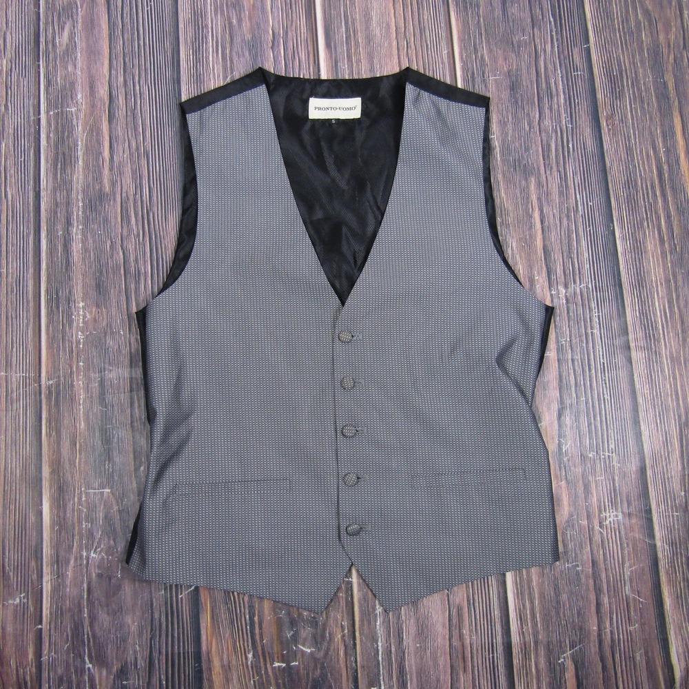 Suit Vest Pronto Uomo‎ Mens Small Gray Check 2 Piece Formal Waistcoat Business